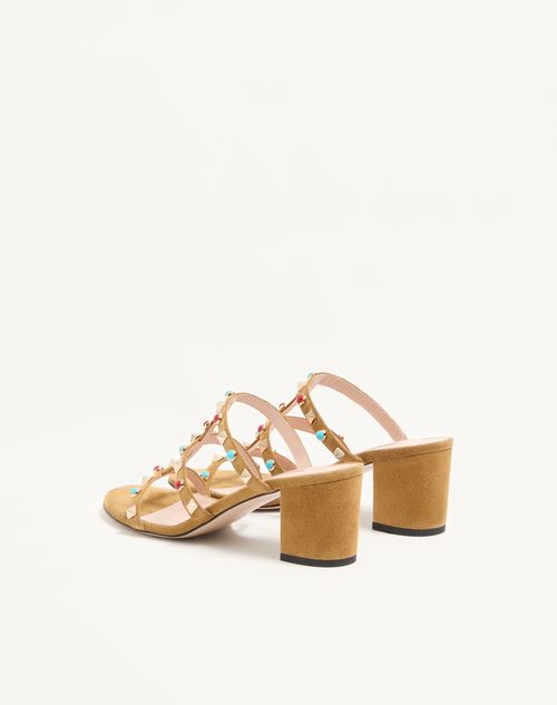 Valentino Garavani - Rockstud Slide Sandal In Suede With Cabochon Stones 60mm - Havana Beige - Woman - Sandals